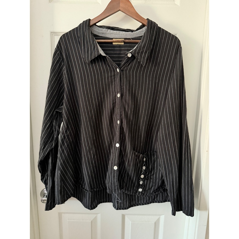 Tulip Black White Pinstripe Cotton Button Down Shirt Asymmetrical Pocket Large